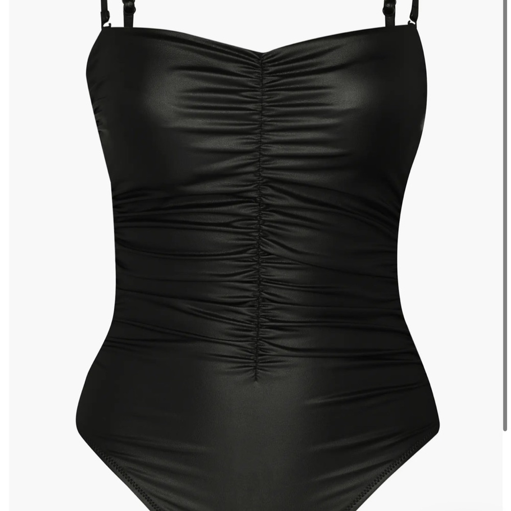 NWT L'AGENCE Aubrey Ruched Faux Leather One-Piece Swimsuit - Picture 7 of 9